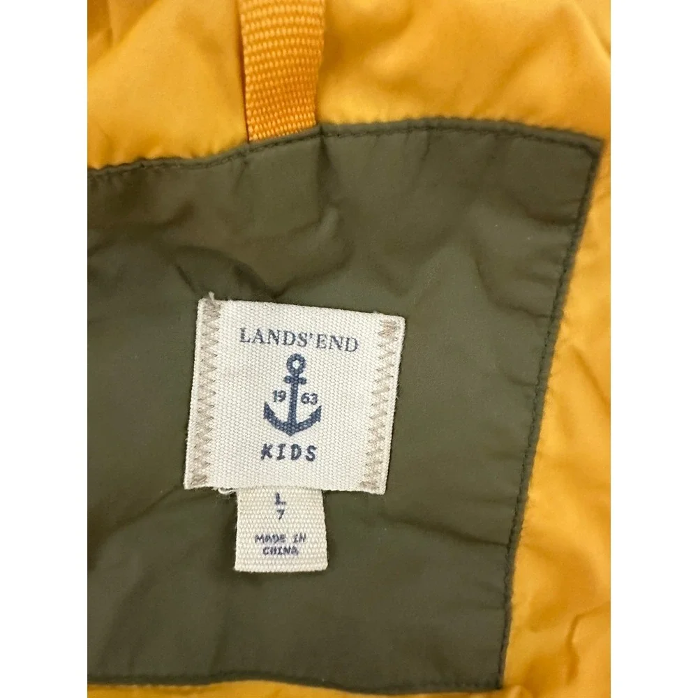 Lands End Kids Size L/7 Green Down‎ Puffer Jacket Hood Pockets Winter Warm Coat